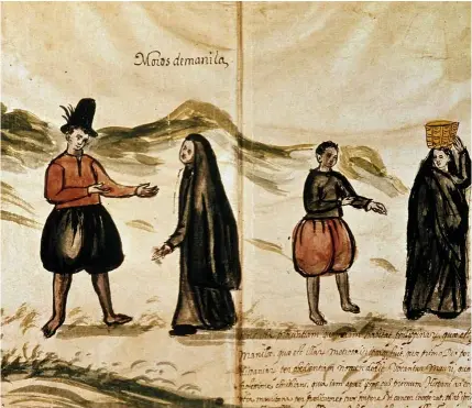  ??  ?? Junto a estas líneas, una ilustració­n sobre distintos tipos, o “mozos”, de Manila. Manuscrito de 1551 en la Biblioteca Apostólica Vaticana.