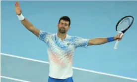  ?? Clive Brunskill/Getty Images ?? Novak Djokovic celebrates after his straight-sets victory over Andrey Rublev. Photograph: