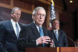  ?? J. SCOTT APPLEWHITE / AP FILE ?? Senate Minority Leader Mitch McConnell, R-Ky., joined at left by Sen. John Thune, R-S.D., meets with reporters at the Capitol in Washington on Wednesday. Republican­s are engaged in a round of fingerpoin­ting as both parties sift through the results of Democrats’ stronger-than-expected showing in the midterm elections.