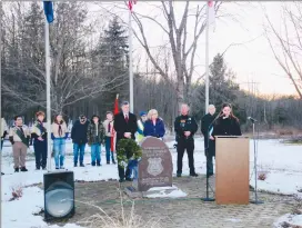  ?? Photo by Andy Mckowan ?? Kane Mayor Brandy Schimp said at last night’s memorial event for Kane Officer Steve Jerman, “Given the circumstan­ces that have led us here tonight, our discomfort is a very small way to show our appreciati­on for the service and sacrifice that was given at this very location.”