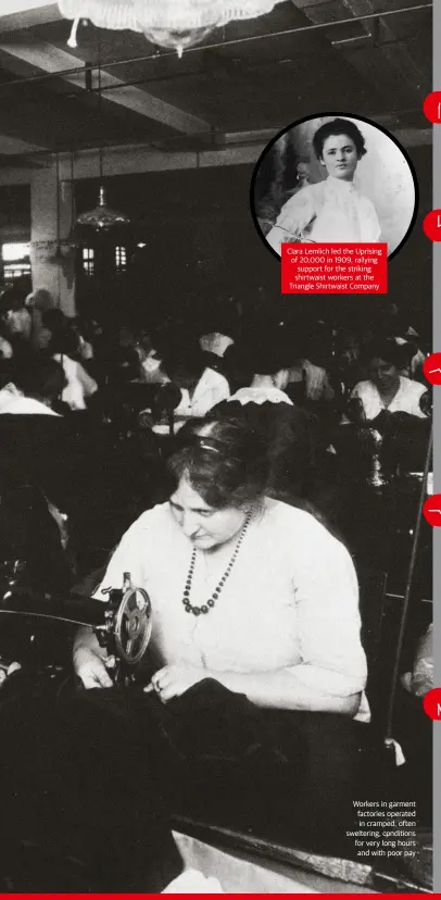  ??  ?? Clara Lemlich led the Uprising of 20,000 in 1909, rallying support for the striking shirtwaist workers at the Triangle Shirtwaist Company Workers in garment factories operated in cramped, often sweltering, conditions for very long hours and with poor pay