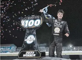  ?? M AT T H E W MANOR ?? Treyten Lapcevich of Grimsby won the first dirt track NASCAR Pinty’s race held at Ohsweken Speedway in 2022.