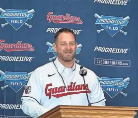  ?? RYAN LEWIS/AKRON BEACON JOURNAL ?? New Guardians manager Stephen Vogt speaks to the media Friday afternoon at Progressiv­e Field.