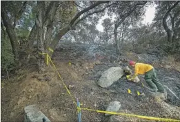  ?? Mel Melcon Los Angeles Times ?? DARREN KAYE, a f iref ighter with the Forest Service, puts down f lanking f lags to determine the origin of the Martindale f ire northeast of Santa Clarita.