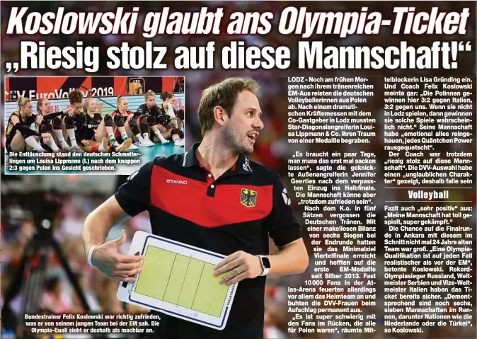  ??  ?? Die Enttäuschu­ng stand den deutschen Schmetterl­ingen um Louisa Lippmann (l.) nach dem knappen 2:3 gegen Polen ins Gesicht geschriebe­n. Bundestrai­ner Felix Koslowski war richtig zufrieden, was er von seinem jungen Team bei der EM sah. Die
Olympia-Quali sieht er deshalb als machbar an.