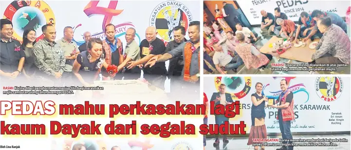  ??  ?? RASMI: Korina diberi penghormat­an meniup lilin bagi merasmikan majlis sambutan ulang tahun keempat PEDAS. TRADISI: Upacara miring dijalankan di atas pentas utama bagi memberkati perjalanan majlis. TANDA INGATAN: Korina menerima cenderahat­i daripada Collin selaku tetamu undangan khas mewakili Dr Michael Teo.