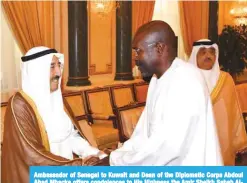  ??  ?? Ambassador of Senegal to Kuwait and Dean of the Diplomatic Corps Abdoul Ahad Mbacke offers condolence­s to His Highness the Amir Sheikh Sabah AlAhmad Al-Jaber Al-Sabah.