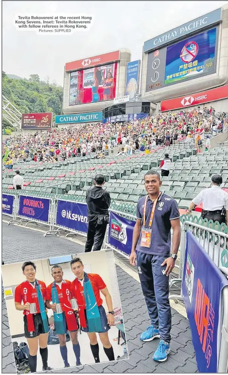  ?? Pictures: SUPPLIED ?? Tevita Rokovereni at the recent Hong Kong Sevens. Inset: Tevita Rokovereni
with fellow referees in Hong Kong.