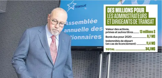  ?? PHOTO D’ARCHIVES, PIERRE-PAUL POULIN ?? Le PDG de Transat, Jean-marc Eustache (ici en mars dernier), aura droit à une rente de retraite de près de 1,4 million $ par année.