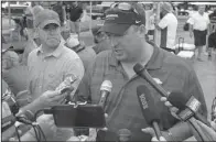  ?? NWA Democrat-Gazette/BEN GOFF ?? Arkansas Coach Bret Bielema speaks to the media during the Northwest Arkansas Razorback Club’s Annual Celebrity Golf Tournament at Kingsdale Golf Complex in Bella Vista on Friday.