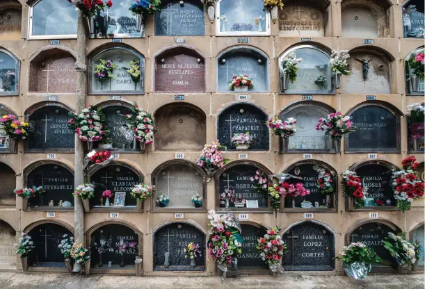  ??  ?? ABOVE Niches, like these in Barcelona’s Poblenou Cemetery, hold cremated ashes in urns, but others in Spain and Greece contain people’s bodies until their remains can be moved to a communal grave