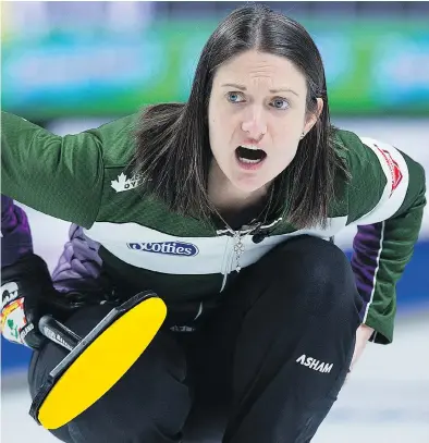  ?? ANDREW VAUGHAN / THE CANADIAN PRESS ?? Prince Edward Island skip Suzanne Birt directs the sweep during the rink’s 15-5 victory over Northwest Territorie­s at the Scotties Tournament of Hearts on Wednesday morning in Sydney, N.S.