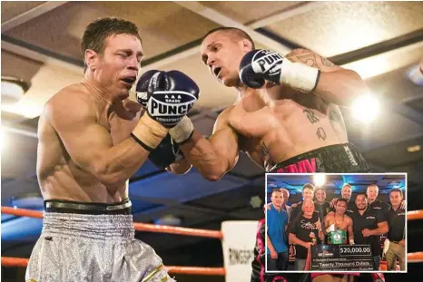  ?? MAIN PHOTO: NEV MADSEN INSET: TANNER SMITH ?? FIGHT NIGHT: Michael Katsidis (left) and Robert Toomey trade blows during their Super8 quarter final. Katsidis went on to win the fight. INSET Jack Asis celebrates winning the Super8 title.