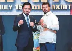  ?? AFP ?? Filipino boxing idol Manny Pacquiao (left) with Argentina’s Lucas Matthysse in Manila yesterday, ahead of their World Welterweig­ht championsh­ip bout in July.