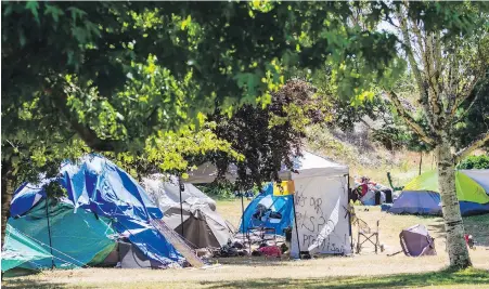  ??  ?? Campsites in Beacon Hill Park on Friday. The City of Victoria says the COVID-19 pandemic has increased the frequency of aggressive incidents because more people are living in parks and outside spaces.