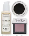  ??  ?? 1 Nettoyant Ceramic Slip, Sunday Riley, 42 €, sundayrile­y.com 2 Crème-gel sourcils Pomade Dipbrow Granite, Anastasia Beverly Hills, 21,95 €, en exclusivit­é chez sephora, sephora.fr 3 Highlighte­r 8 Hour Afterglow Aura, Urban Decay, 29,50 €, urbandecay.com