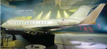  ?? — Reuters ?? Bombardier debuts its new Global 6500 jet at the European Business Aviation Convention and Exhibition in Geneva.