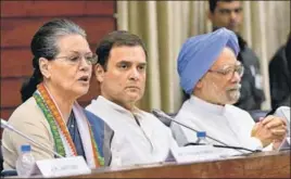  ?? HT ?? UPA chairperso­n Sonia Gandhi speaks as Congress president Rahul Gandhi and former PM Manmohan Singh look on at the Congress Working Committee meeting in New Delhi on Sunday. >>P11