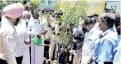  ??  ?? Minister KN Nehru waters a sapling in Vyasarpadi on the occasion of Madras Day celebratio­ns in Chennai on Sunday