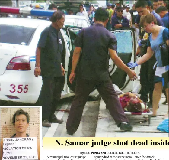  ?? RAMON LAZARO ?? The body of Arnel Janoras, suspect in the killing of Malolos Judge Wilfredo Nieves, is removed from a police car, where he was shot on the way to an inquest in San Jose del Monte, Bulacan yesterday. The suspect (inset) was shot dead after he allegedly...