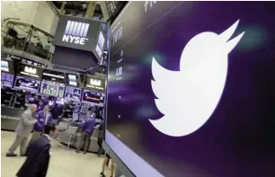  ?? —AP ?? NEW YORK: In this July 27, 2016, file photo, the Twitter symbol appears above a trading post on the floor of the New York Stock Exchange.