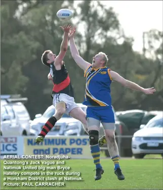  ??  ?? AERIAL CONTEST: Noradjuhaq­uantong’s Jack Vague and Natimuk United big man Bryce Hateley compete in the ruck during a Horsham District clash at Natimuk. Picture: PAUL CARRACHER