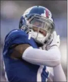  ?? JOHN BLAINE — FOR THE TRENTONIAN ?? Wide receiver Odell Beckham Jr. gestures on the field prior to the Giants’ preseason finale against the Patriots.