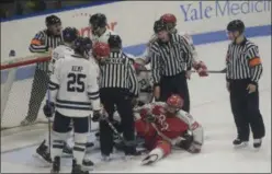  ?? BY JOE BOYLE ?? A pile up in front of the Yale goal leads to a no goal decision on March 8in New Haven, Conn.