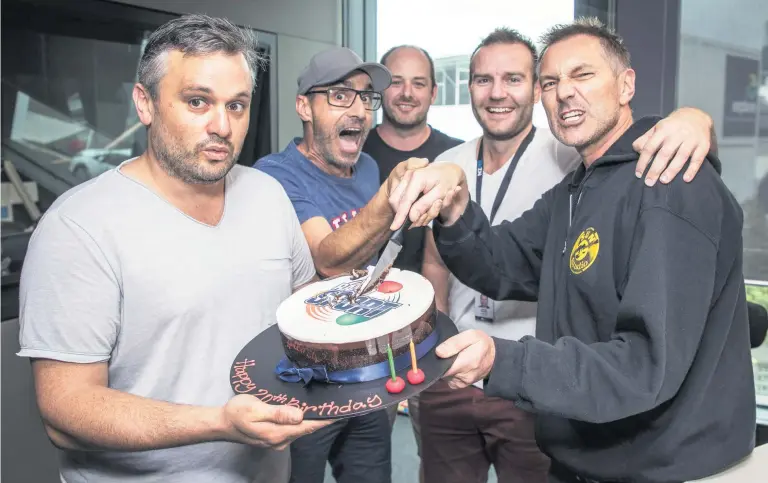  ?? Picture / Michael Craig ?? Daniel McHardy (left), D’Arcy Waldegrave, Hayden O’Neill, Goran Paladin and Martin Devlin celebrate Radio Sport’s 20th birthday.