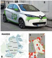  ??  ?? 1- Uno de los nuevos Renault Zoe que se han incorporad­o a la flota de Zity. 2- Sombreado en azul, las nuevas zonas de cobertura de Car2Go.3- Extensión de la zona WiBLE a Alcobendas y La Moraleja.