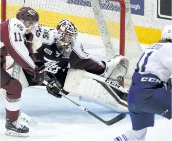  ?? SUPPLIED ?? St. Catharines native and Peterborou­gh Petes goaltender Dylan Wells, shown make a save against the Mississaug­a Steelheads in OHL playoff action in this April 2017 file photo, has signed an entry-level contract with the Edmonton Oilers.