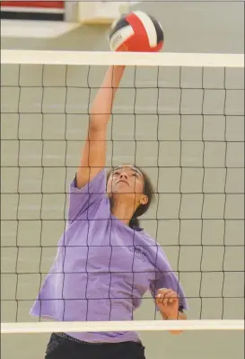  ?? RICK PECK/SPECIAL TO MCDONALD COUNTY PRESS ?? Shye Hardin keeps her eye on the ball while hitting a spike during a Lady Mustang volleyball practice on July 27 at MCHS.