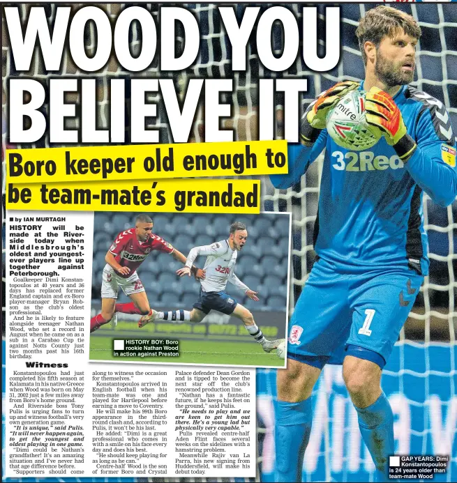  ??  ?? HISTORY BOY: Boro rookie Nathan Wood in action against Preston GAP YEARS: Dimi Konstantop­oulos is 24 years older than team-mate Wood