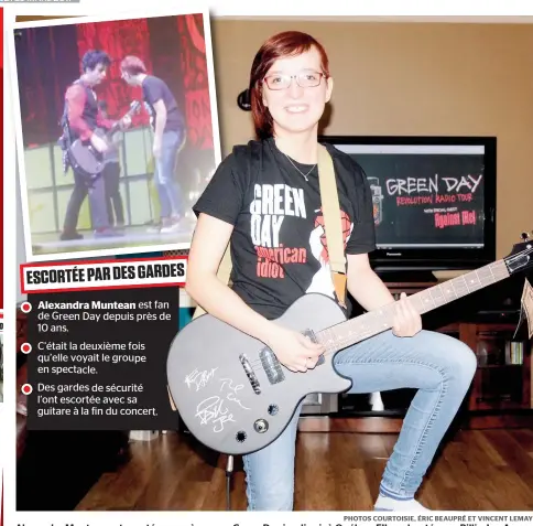  ??  ?? Alexandra Muntean est montée sur scène avec Green Day jeudi soir à Québec. Elle a chanté avec Billie Joe Armstrong (en mortaise). Le groupe culte lui a donné une guitare pour ses enfants.