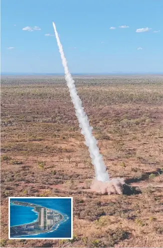  ?? Inset picture: Getty Images ?? A US guided rocket is fired during a training exercise in the Northern Territory; and (inset) an airfield and other structures on Mischief Reef.