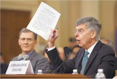  ?? OLIVIER DOULIERY/GETTY-AFP ?? Acting Ambassador to Ukraine William Taylor testifies as Deputy Assistant Secretary of State George Kent watches.