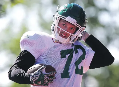  ?? MICHELLE BERG ?? Receiver Jenson Stoshak is turning heads at the Saskatchew­an Roughrider­s training camp for his sure hands and quick feet.