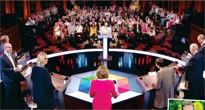  ??  ?? Free-for-all: The seven-way debate in Cambridge, in which Conservati­ve Amber Rudd was faced with the ‘most Left-wing audience ever’