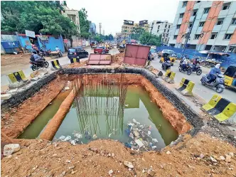  ?? — P. SURENDRA ?? Rainwater gets accumulate­d in trenches dug for the constructi­on of flyover at Saidabad. However, the civic authoritie­s have not fenced the area properly.