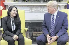  ?? SUSAN WALSH / AP ?? President Donald Trump meets with Aya Hijazi, an Egyptian-American aid worker, at the White House on Friday. Hijazi was freed after nearly three years of detention in Egypt.