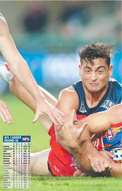  ??  ?? Gold Coast’s Lachie Weller is tackled by Geelong’s Luke Dahlhaus during Saturday night’s AFL clash at Metricon Stadium, and (inset) the Suns’ Jarrod Harbrow..