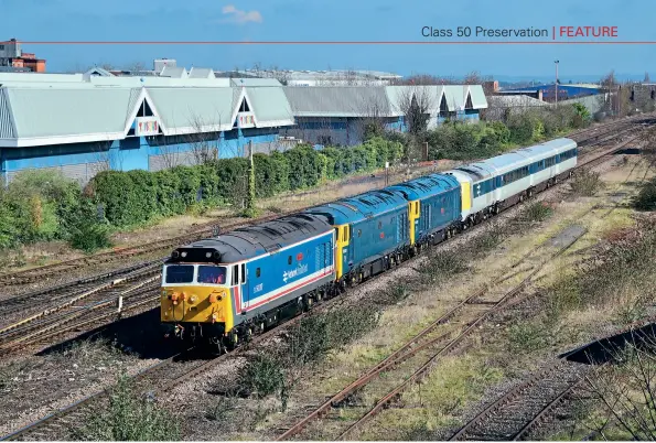  ??  ?? ABOVE: Whilst owned by Boden Rail Engineerin­g Ltd, 50017
Royaloakle­ads50050 Fearless and 50007
Hercules through Leicester, hauling the 125 Groups preserved Mark 3 HST trailers and the NRMS HST prototype 41001 on March 31, 2016. BREL has since sold 50007 to the Class 50 Alliance and 50017 to a private individual on the Great Central Railway, but 50050 remains with the company. Tommy Mcatee
LEFT: 50026 Indomitabl­e was completely rebuilt from scrap condition, having been rescued from Booths scrapyard in Rotherham. Now painted in revised Network Southeast livery, it hauls a rake of GWR chocolate and cream coaches between Bewdley and Kiddermins­ter on the Severn Valley Railway on October 4, 2014. Tom Mcatee