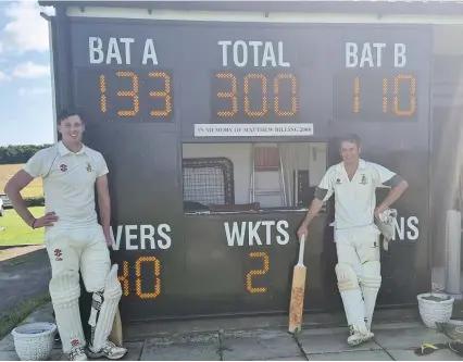  ?? Picture: Frampton Cotterell CC ?? Gary Winsor (left) and Jimmy Dickinson after completing their maiden league hundreds for Frampton Cotterell in a 121-run victory away to Failand and Portbury