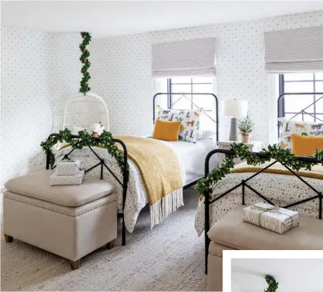  ??  ?? ABOVE and RIGHT Bedtime is dreamtime, and the boys’ room is just the spot. A sugary palette in linen and wool is brightened with printed sheets. And who wouldn’t want that hanging chair adorned with Brittaney’s signature holiday garlands?