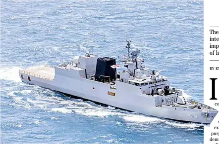  ?? PHOTOGRAPH COURTESY OF DEFENSTAR ?? THE Indian Navy’s INS Kadmatt was in Manila in December last year for a maritime-partnershi­p exercise with the Philippine­s’ BRP Ramon Alcaraz in the West Philippine Sea to promote common approaches for a rules-based order.