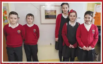  ??  ?? Keelan Murphy, Evan Murphy, Anna Bagnall, Harriot Byrne and Sophie Swann with an art i installati­on in the school as part of The Model’s outreach scheme.