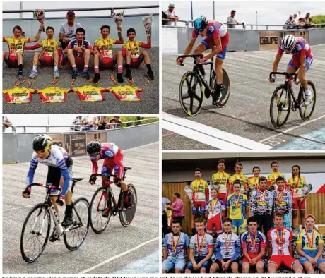  ??  ?? En haut à gauche : les minimes et cadets de l’UV Neubourg qui ont décroché les huit titres de champion de Normandie et six podiums, en compagnie de leur entraîneur Sébastien Flicher. À droite, l’épreuve de vitesse est remportée par Florian Pardon (UV Neubourg) devant son camarade de club Clément Petit. En bas à gauche : le minime Thomas Le Boursicaud (UV Neubourg), ici en 2e position, va décrocher trois titres. À droite : une belle brochette de champions, avec tous les coureurs, filles et garçons, qui ont remporté un podium.