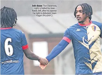  ?? ?? Job done Tiwi Daramola, right, is hailed by Joao Balde, left, after his opener. Far right is debutant Sean Fagan (Pics:EKFC)