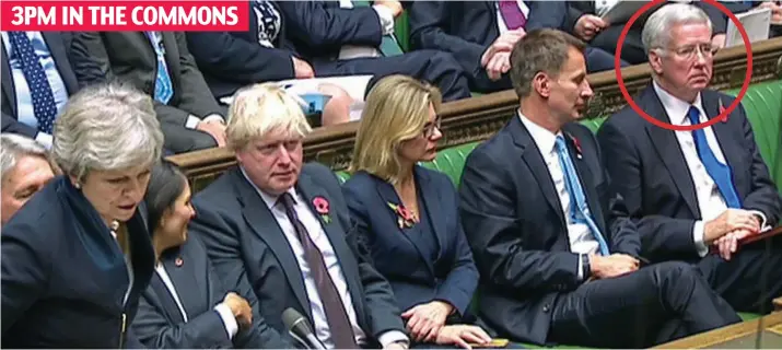  ??  ?? Dead man walking: A stony-faced Sir Michael Fallon, circled, with the front bench yesterday – hours before the announceme­nt, but after he had met with Theresa May