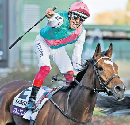  ??  ?? Man of the moment: Frankie Dettori celebrates Enable’s epic victory in the Breeders’ Cup Turf at Churchill Downs